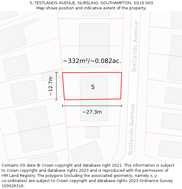 5, TESTLANDS AVENUE, NURSLING, SOUTHAMPTON, SO16 0XG: Plot and title map