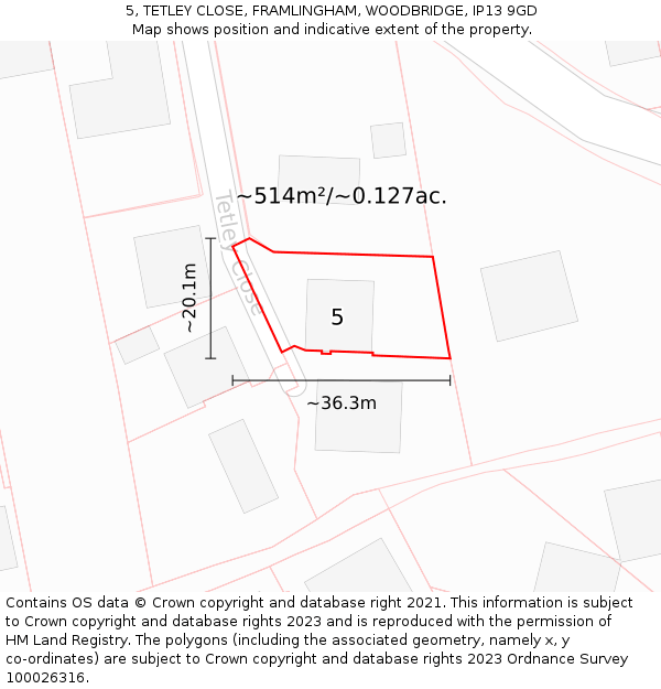 5, TETLEY CLOSE, FRAMLINGHAM, WOODBRIDGE, IP13 9GD: Plot and title map