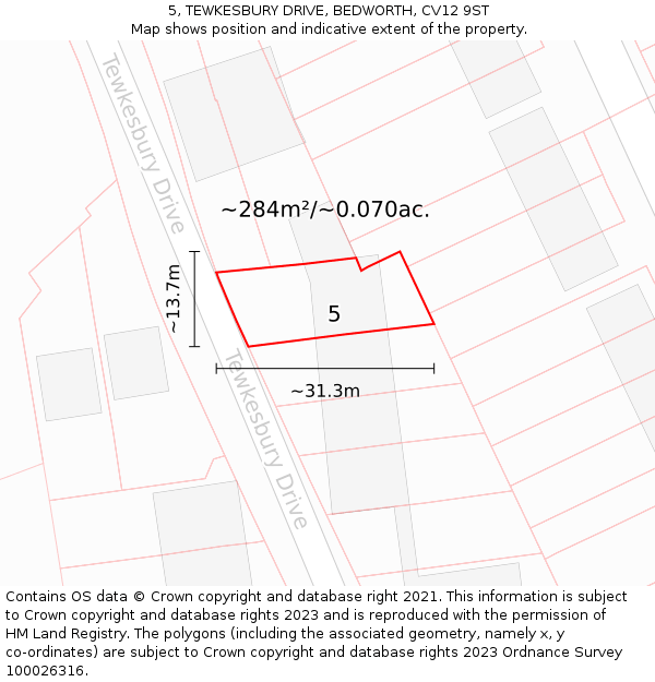 5, TEWKESBURY DRIVE, BEDWORTH, CV12 9ST: Plot and title map