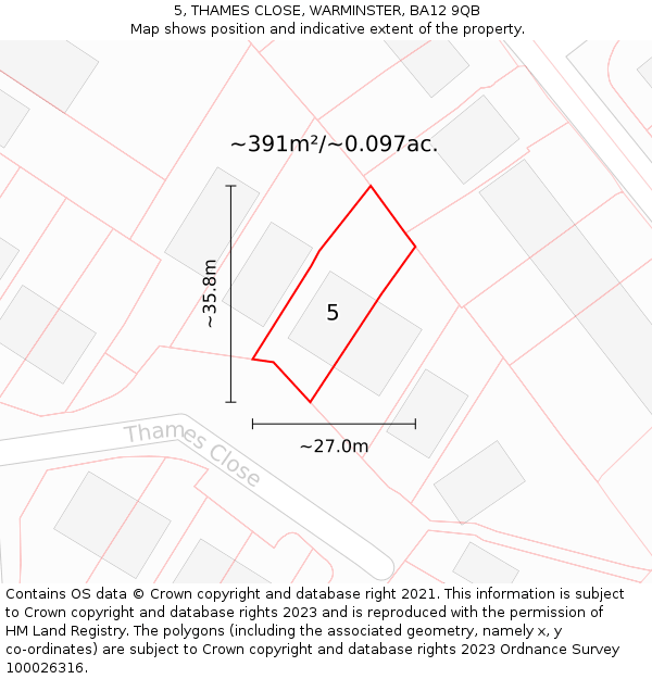 5, THAMES CLOSE, WARMINSTER, BA12 9QB: Plot and title map