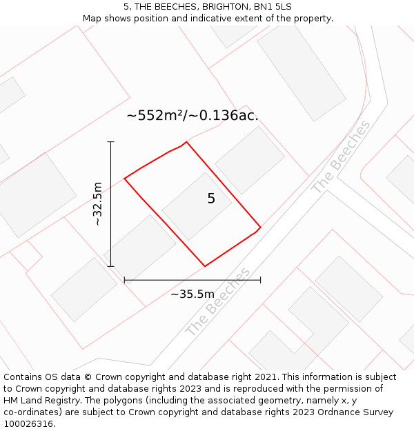 5, THE BEECHES, BRIGHTON, BN1 5LS: Plot and title map
