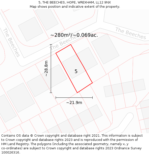 5, THE BEECHES, HOPE, WREXHAM, LL12 9NX: Plot and title map