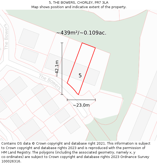 5, THE BOWERS, CHORLEY, PR7 3LA: Plot and title map