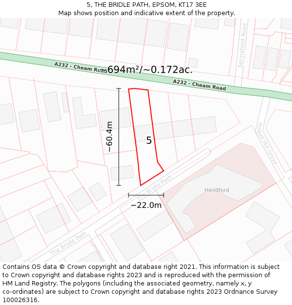 5, THE BRIDLE PATH, EPSOM, KT17 3EE: Plot and title map