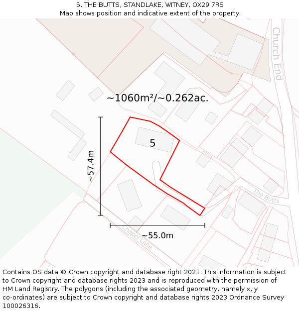 5, THE BUTTS, STANDLAKE, WITNEY, OX29 7RS: Plot and title map