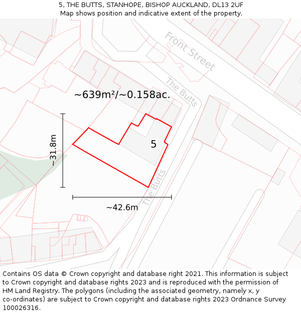 5, THE BUTTS, STANHOPE, BISHOP AUCKLAND, DL13 2UF: Plot and title map