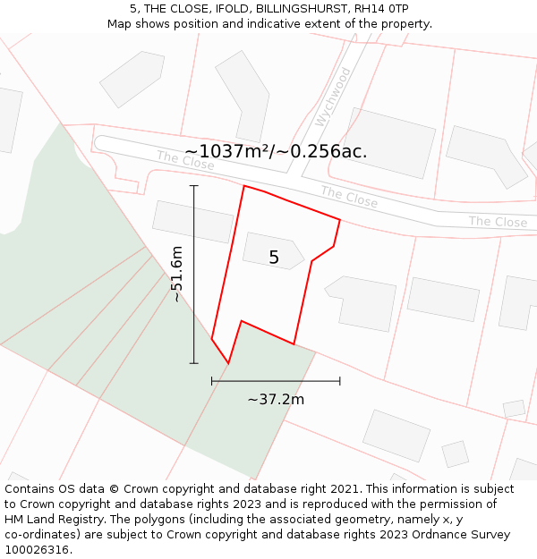 5, THE CLOSE, IFOLD, BILLINGSHURST, RH14 0TP: Plot and title map