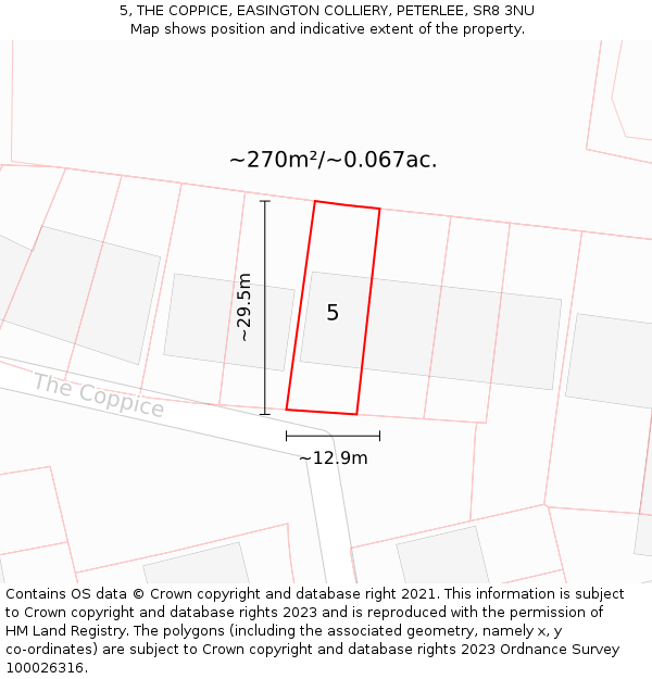 5, THE COPPICE, EASINGTON COLLIERY, PETERLEE, SR8 3NU: Plot and title map