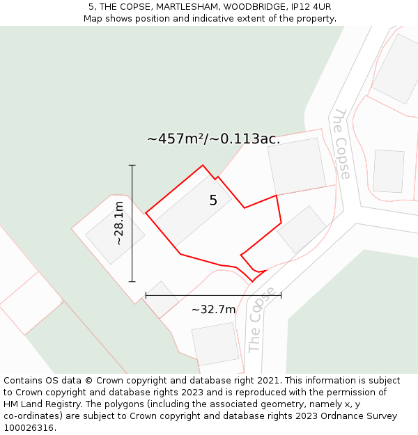 5, THE COPSE, MARTLESHAM, WOODBRIDGE, IP12 4UR: Plot and title map