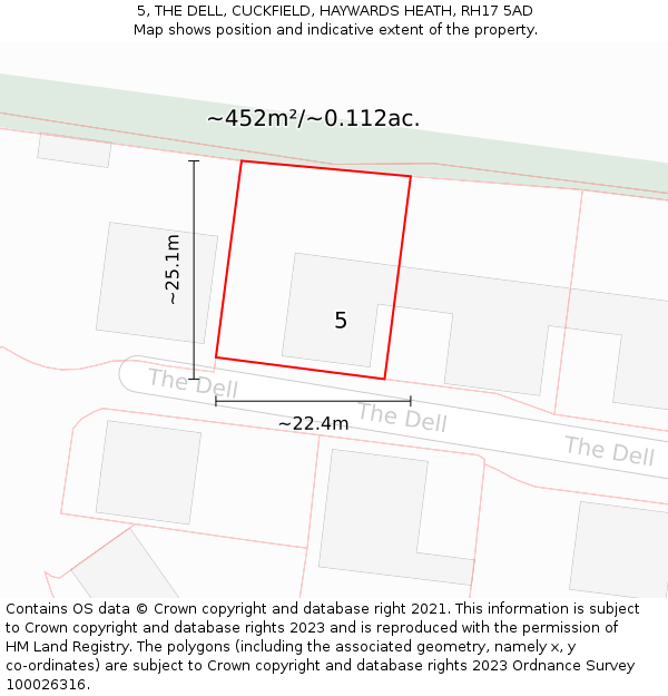 5, THE DELL, CUCKFIELD, HAYWARDS HEATH, RH17 5AD: Plot and title map