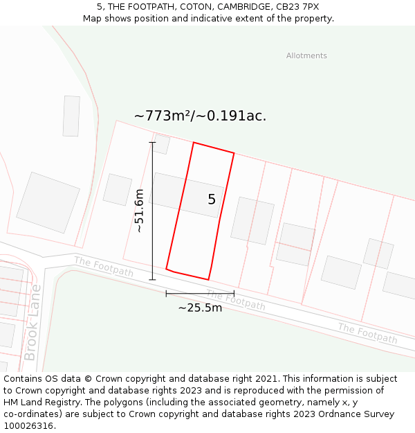 5, THE FOOTPATH, COTON, CAMBRIDGE, CB23 7PX: Plot and title map