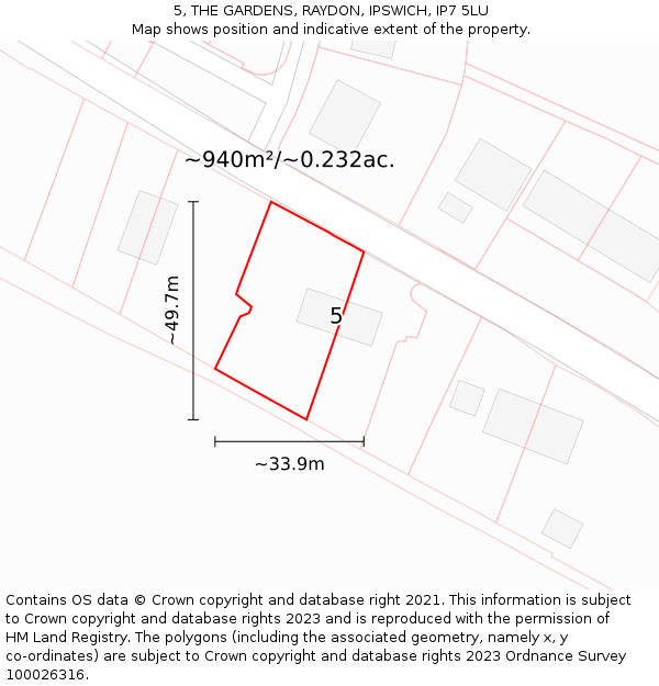 5, THE GARDENS, RAYDON, IPSWICH, IP7 5LU: Plot and title map