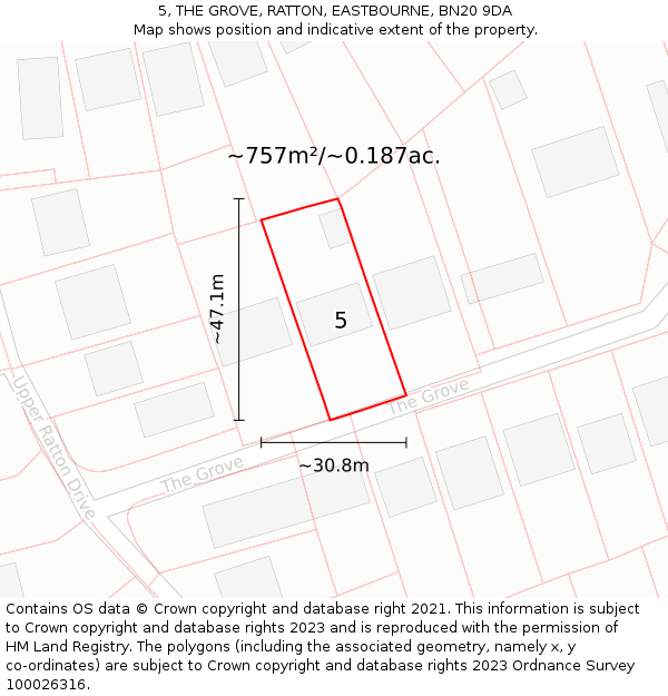 5, THE GROVE, RATTON, EASTBOURNE, BN20 9DA: Plot and title map