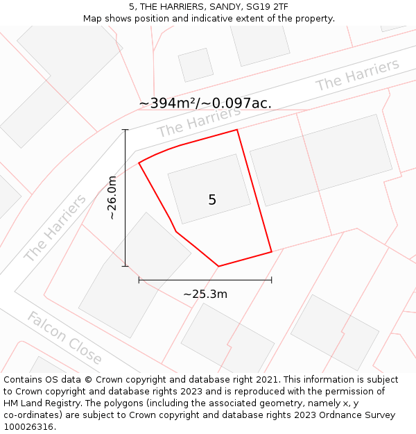 5, THE HARRIERS, SANDY, SG19 2TF: Plot and title map