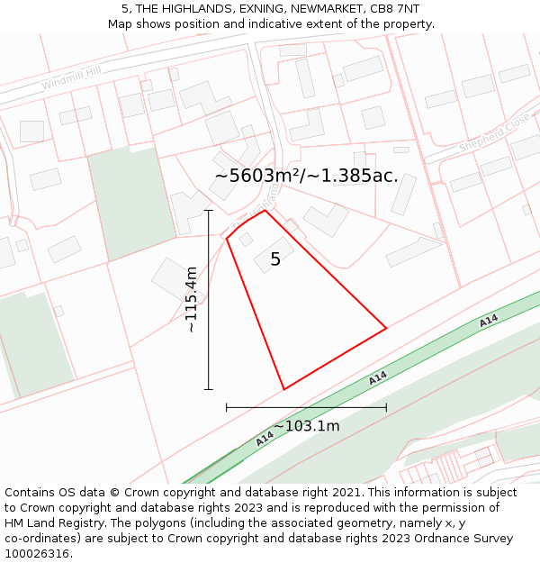 5, THE HIGHLANDS, EXNING, NEWMARKET, CB8 7NT: Plot and title map