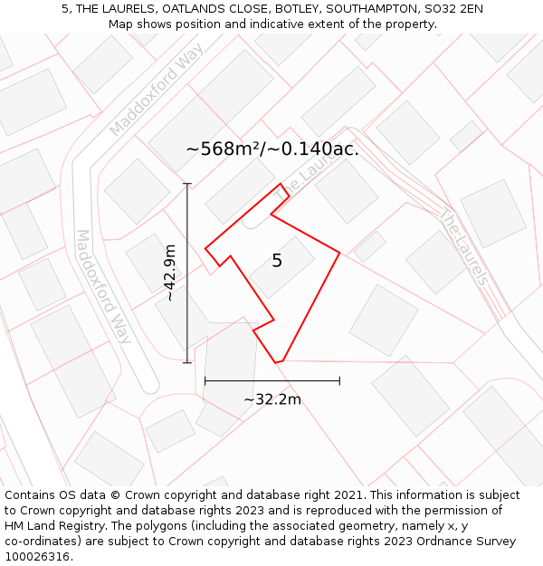 5, THE LAURELS, OATLANDS CLOSE, BOTLEY, SOUTHAMPTON, SO32 2EN: Plot and title map