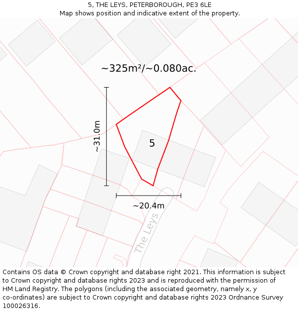 5, THE LEYS, PETERBOROUGH, PE3 6LE: Plot and title map