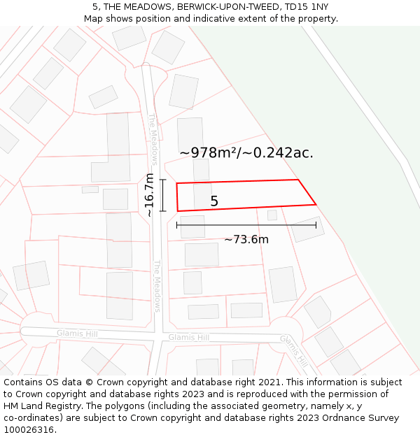 5, THE MEADOWS, BERWICK-UPON-TWEED, TD15 1NY: Plot and title map