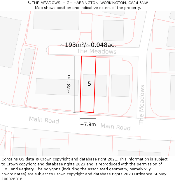 5, THE MEADOWS, HIGH HARRINGTON, WORKINGTON, CA14 5NW: Plot and title map