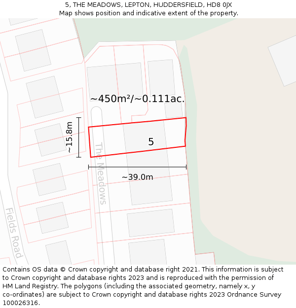 5, THE MEADOWS, LEPTON, HUDDERSFIELD, HD8 0JX: Plot and title map