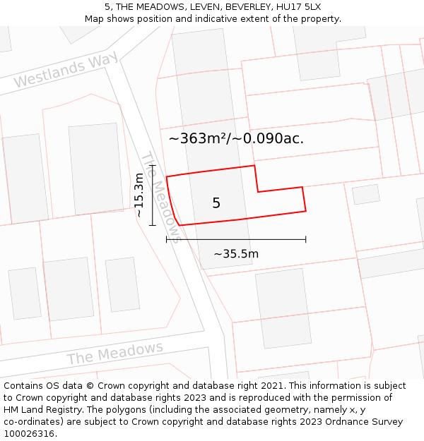 5, THE MEADOWS, LEVEN, BEVERLEY, HU17 5LX: Plot and title map