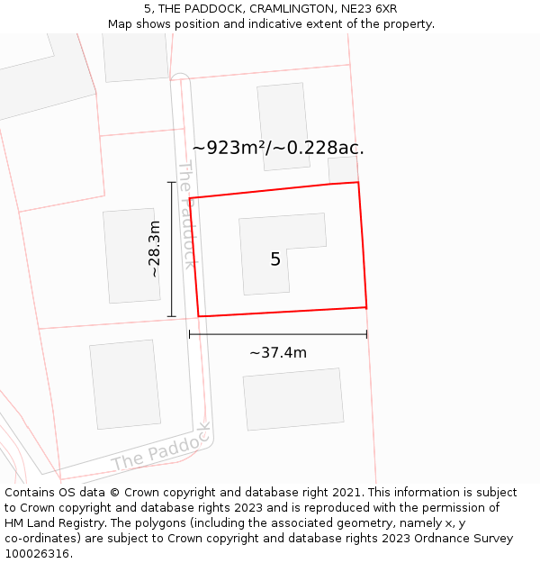 5, THE PADDOCK, CRAMLINGTON, NE23 6XR: Plot and title map