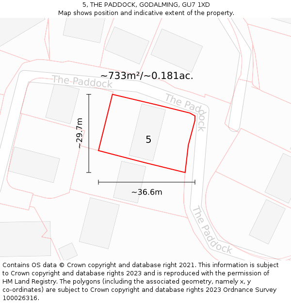 5, THE PADDOCK, GODALMING, GU7 1XD: Plot and title map