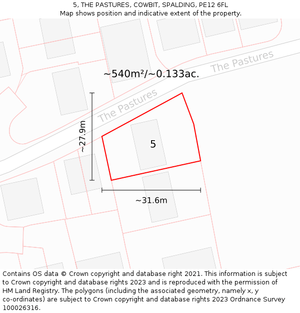 5, THE PASTURES, COWBIT, SPALDING, PE12 6FL: Plot and title map