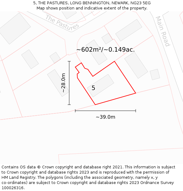 5, THE PASTURES, LONG BENNINGTON, NEWARK, NG23 5EG: Plot and title map