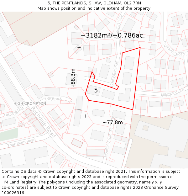 5, THE PENTLANDS, SHAW, OLDHAM, OL2 7RN: Plot and title map