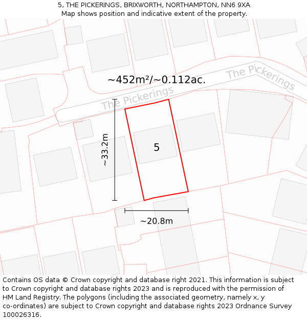 5, THE PICKERINGS, BRIXWORTH, NORTHAMPTON, NN6 9XA: Plot and title map
