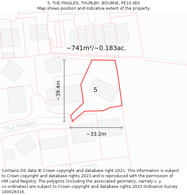 5, THE PINGLES, THURLBY, BOURNE, PE10 0EX: Plot and title map