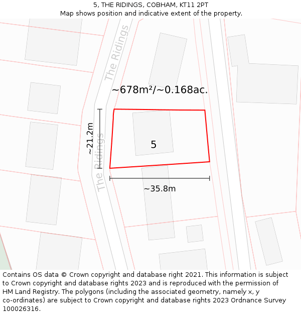 5, THE RIDINGS, COBHAM, KT11 2PT: Plot and title map