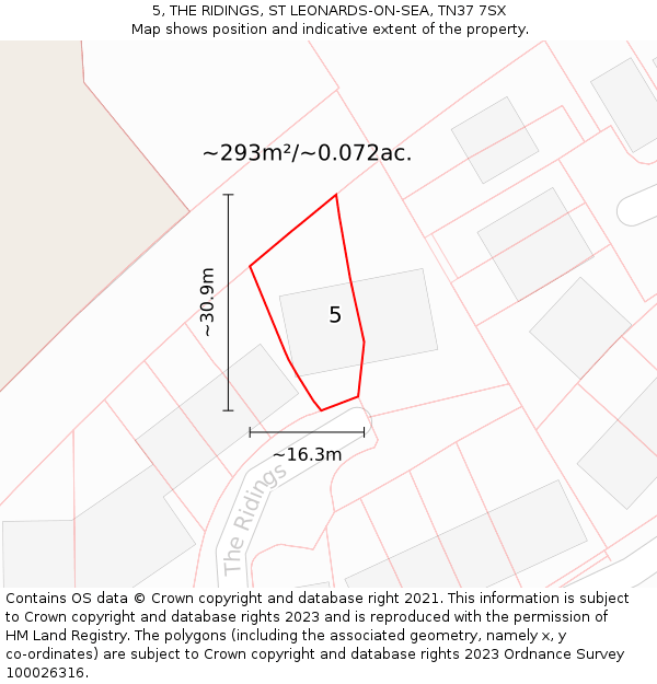 5, THE RIDINGS, ST LEONARDS-ON-SEA, TN37 7SX: Plot and title map