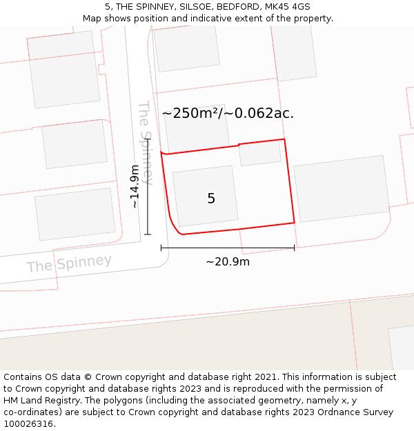 5, THE SPINNEY, SILSOE, BEDFORD, MK45 4GS: Plot and title map