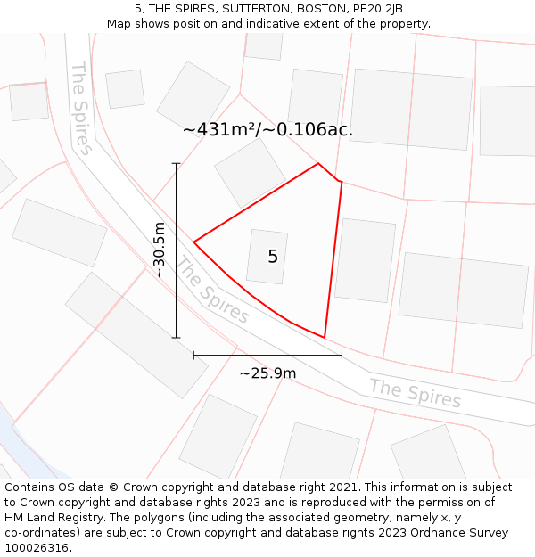 5, THE SPIRES, SUTTERTON, BOSTON, PE20 2JB: Plot and title map