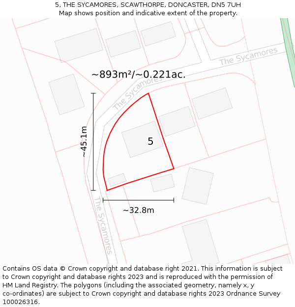 5, THE SYCAMORES, SCAWTHORPE, DONCASTER, DN5 7UH: Plot and title map