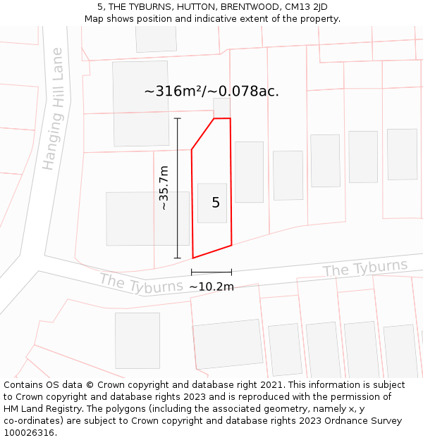 5, THE TYBURNS, HUTTON, BRENTWOOD, CM13 2JD: Plot and title map