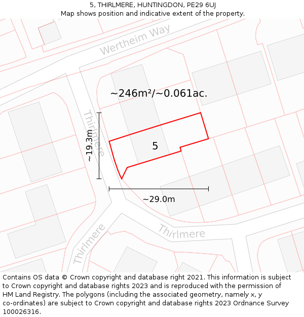 5, THIRLMERE, HUNTINGDON, PE29 6UJ: Plot and title map