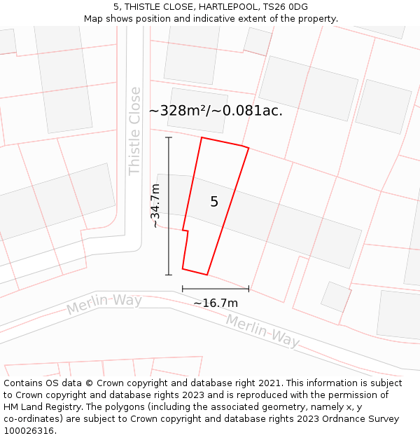 5, THISTLE CLOSE, HARTLEPOOL, TS26 0DG: Plot and title map