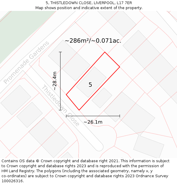 5, THISTLEDOWN CLOSE, LIVERPOOL, L17 7ER: Plot and title map