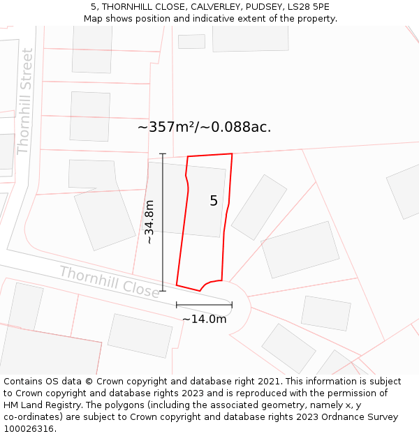 5, THORNHILL CLOSE, CALVERLEY, PUDSEY, LS28 5PE: Plot and title map