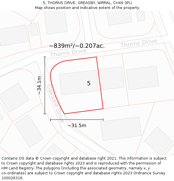 5, THORNS DRIVE, GREASBY, WIRRAL, CH49 3PU: Plot and title map