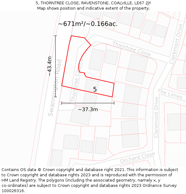 5, THORNTREE CLOSE, RAVENSTONE, COALVILLE, LE67 2JY: Plot and title map