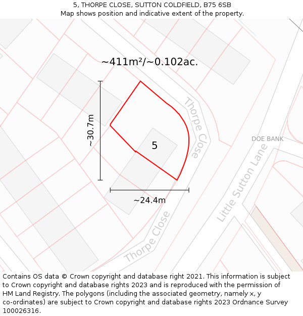 5, THORPE CLOSE, SUTTON COLDFIELD, B75 6SB: Plot and title map