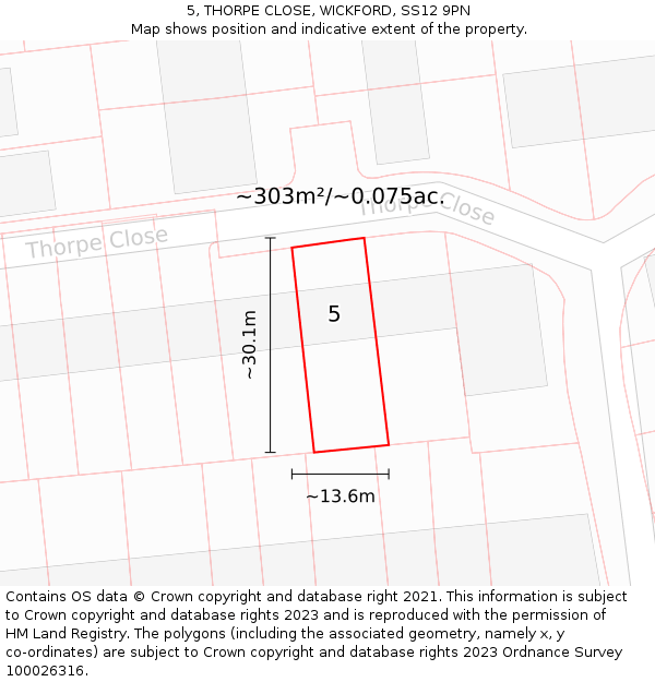 5, THORPE CLOSE, WICKFORD, SS12 9PN: Plot and title map