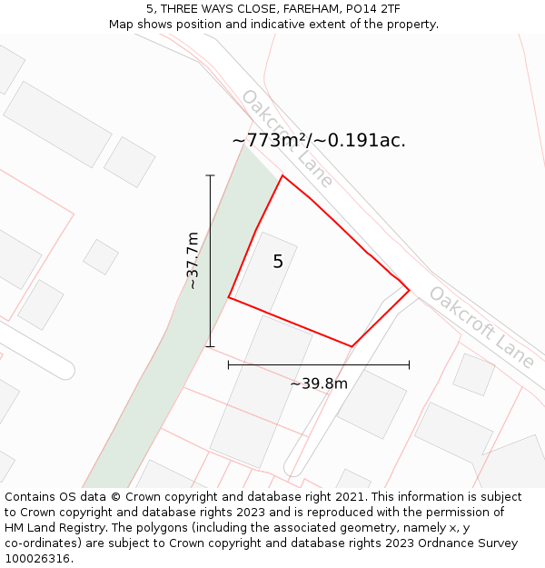 5, THREE WAYS CLOSE, FAREHAM, PO14 2TF: Plot and title map