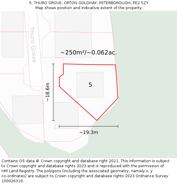 5, THURO GROVE, ORTON GOLDHAY, PETERBOROUGH, PE2 5ZY: Plot and title map