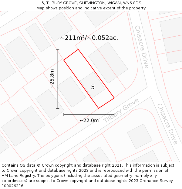 5, TILBURY GROVE, SHEVINGTON, WIGAN, WN6 8DS: Plot and title map
