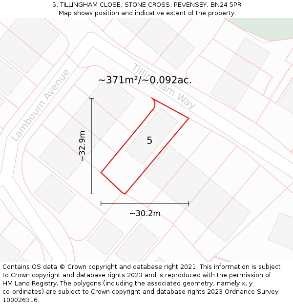 5, TILLINGHAM CLOSE, STONE CROSS, PEVENSEY, BN24 5PR: Plot and title map